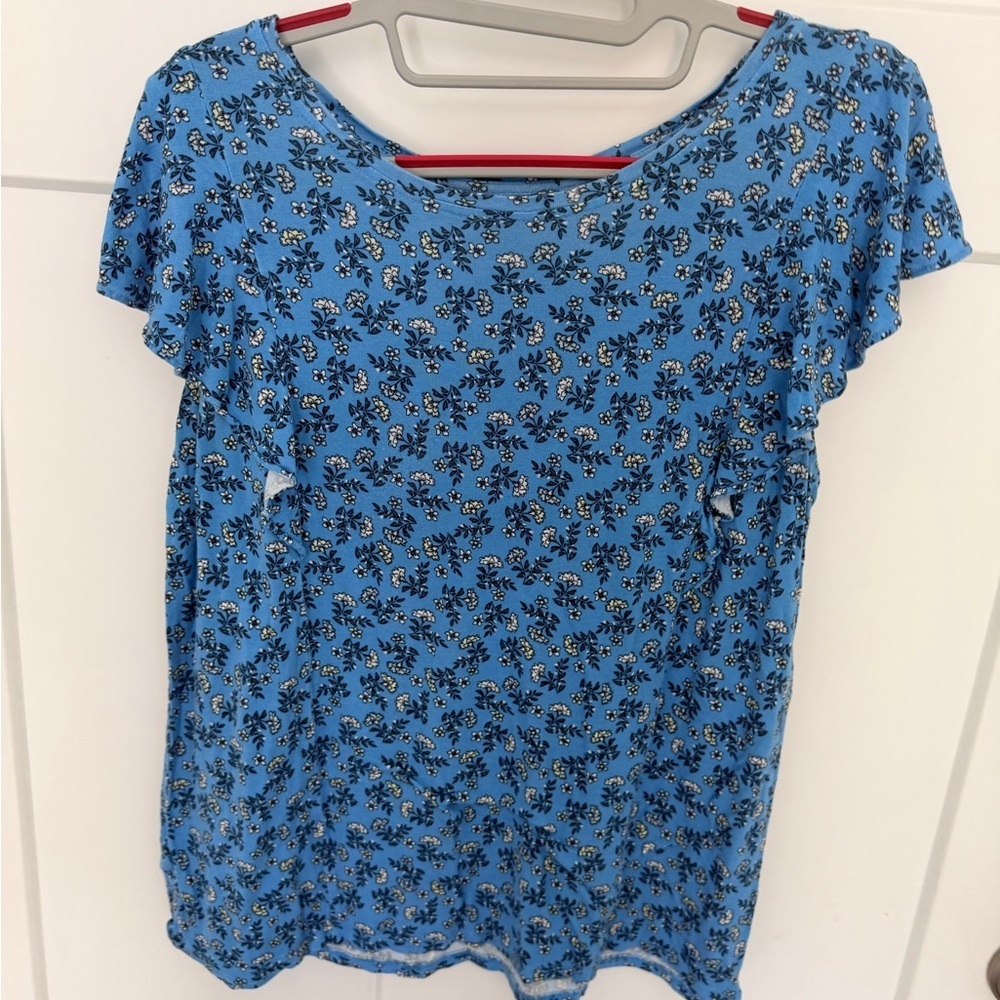 LOFT Outlet Blue Floral Blouse Small Short Sleeve Rayon Top